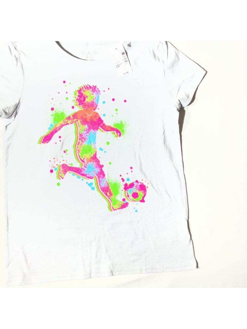 Kids White Soccer Graphic T-Shirt Short Sleeve Neon Colors Size Large (10/12) 10